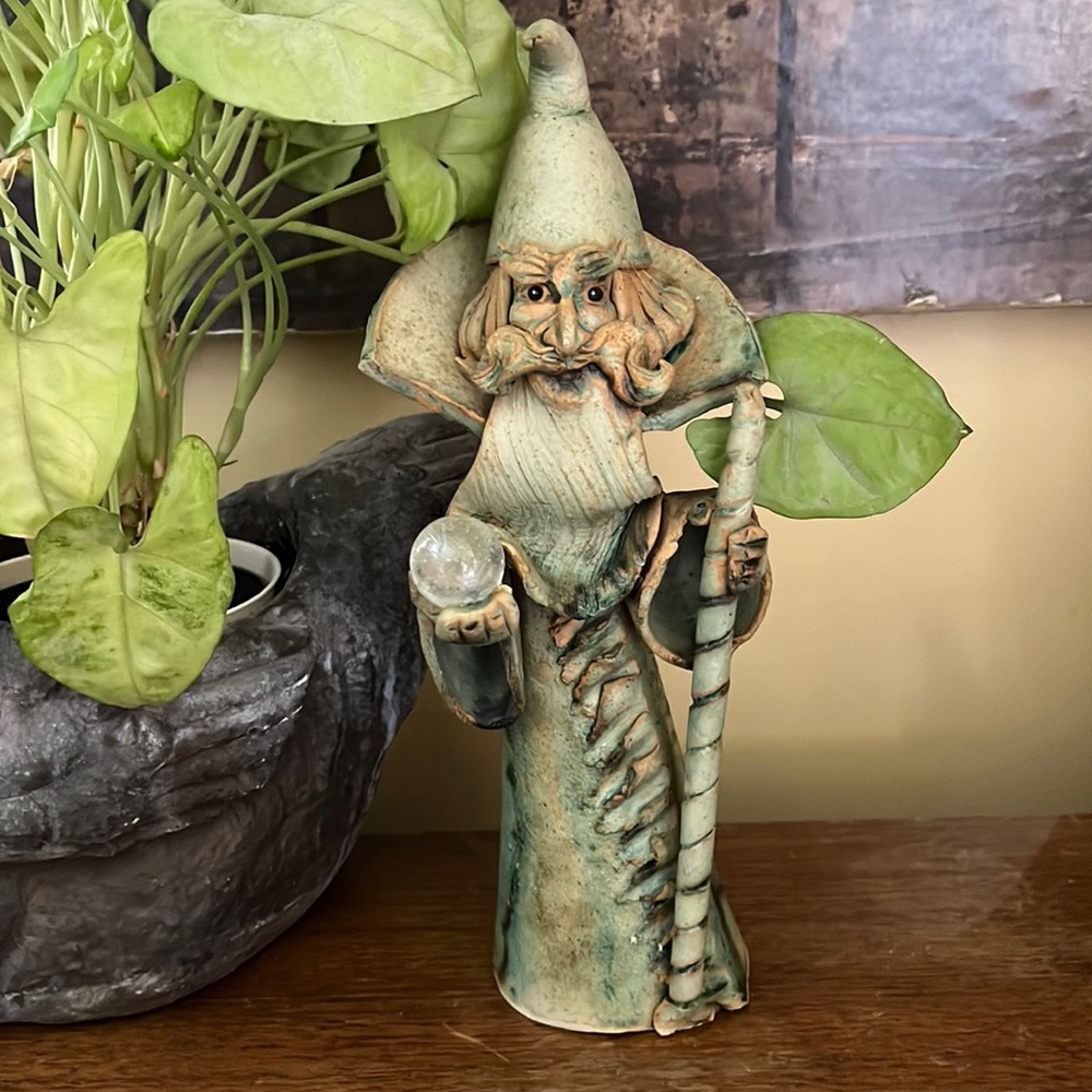Vintage WIZARD Merlin Handmade Clay Warlock Magical Mystic Crystal Ball Detaches